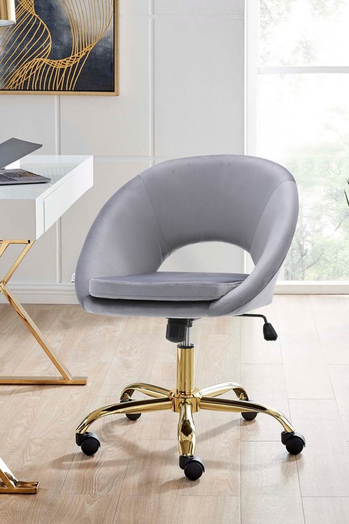 Grey Velvet Swivel Office Chair Height Adjustable for Home Office