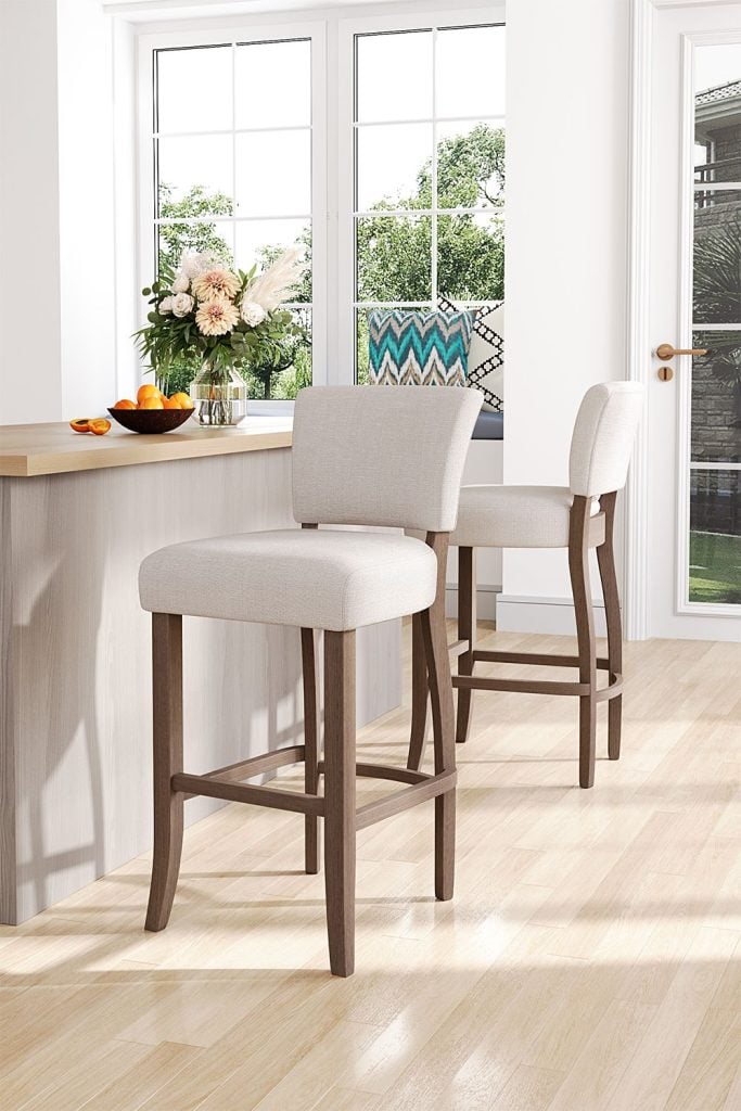 Set of 2 Linen Upholstered Bar Stools Dining Chair with Back Footrest