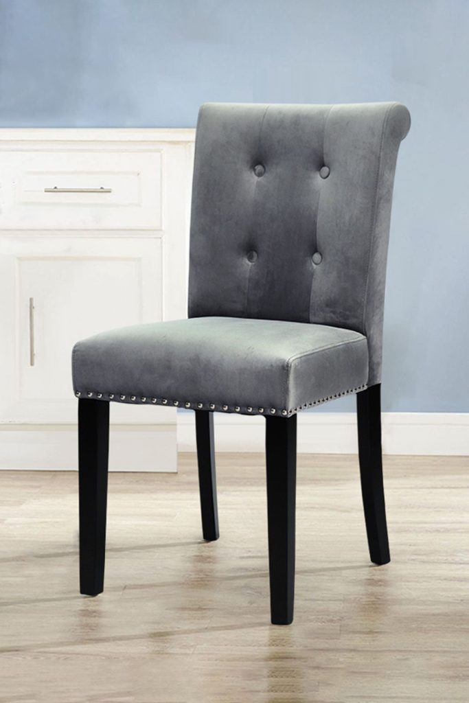 Grey Velvet Button Tufted Nailhead Trim Dining Chair with Rubber Wooden Legs