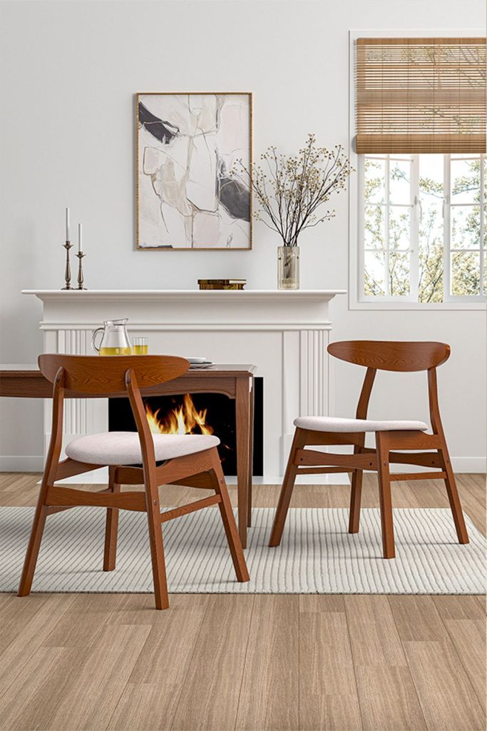 2 Pcs Wooden Frame Linen Dining Chair