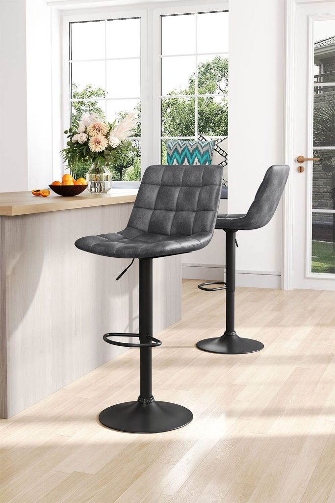 2Pcs Set Grey Grid PU Leather Upholstered Swivel Bar Stool Adjustable Height