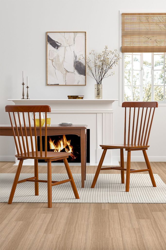 2 Pcs Walnut Colored Solid Wood Windsor Dining Chairs