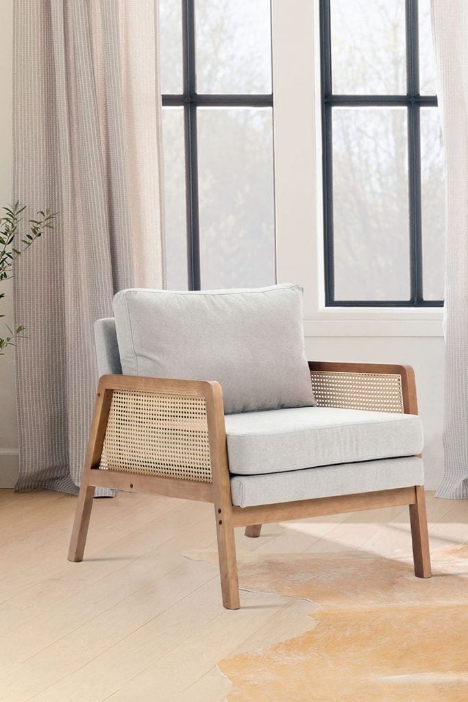 Beige Cushioned Wood Armchair