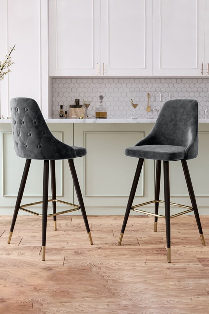 2Pcs Set Grey Velvet Button Tufted Back Bar Stools High Chairs for Counter