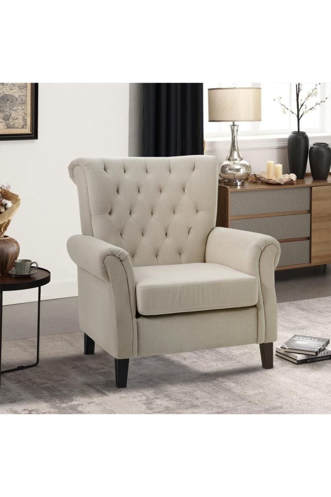 Beige Tufted Upholstered Wingback Armchair
