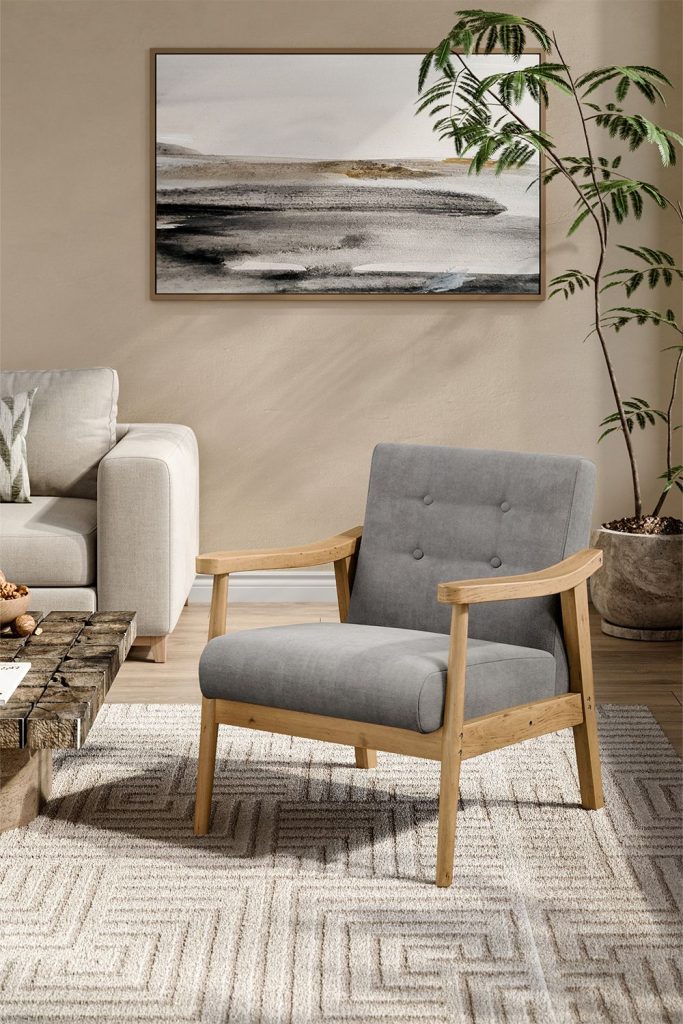 Grey Terry Cloth Casual Upholstered Armchair with Rubberwood Wood Frame