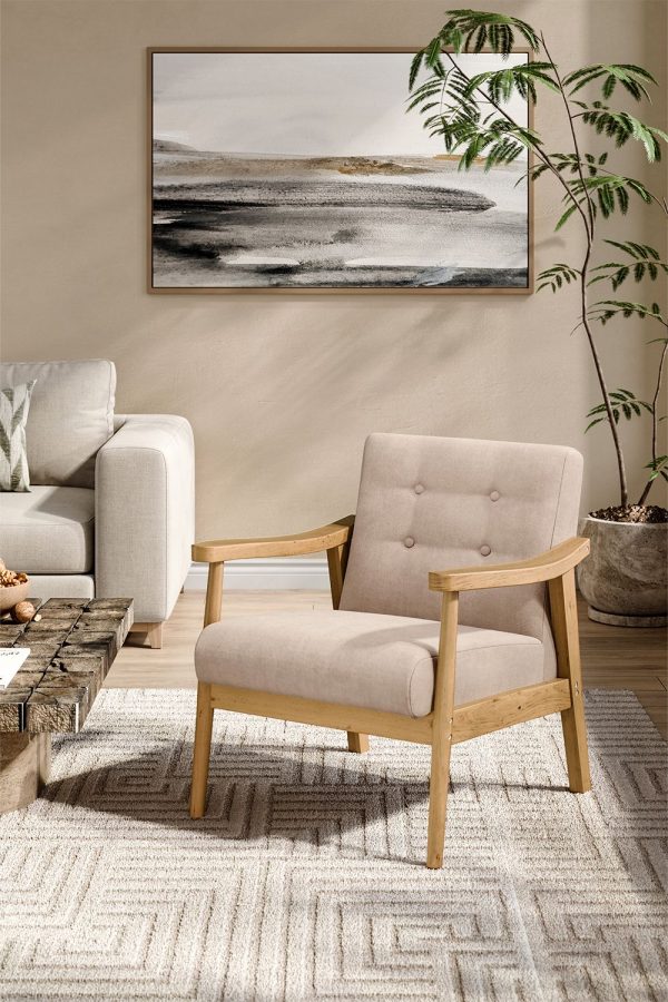 Beige Terry Cloth Casual Upholstered Armchair with Rubberwood Wood Frame | Bed Sava