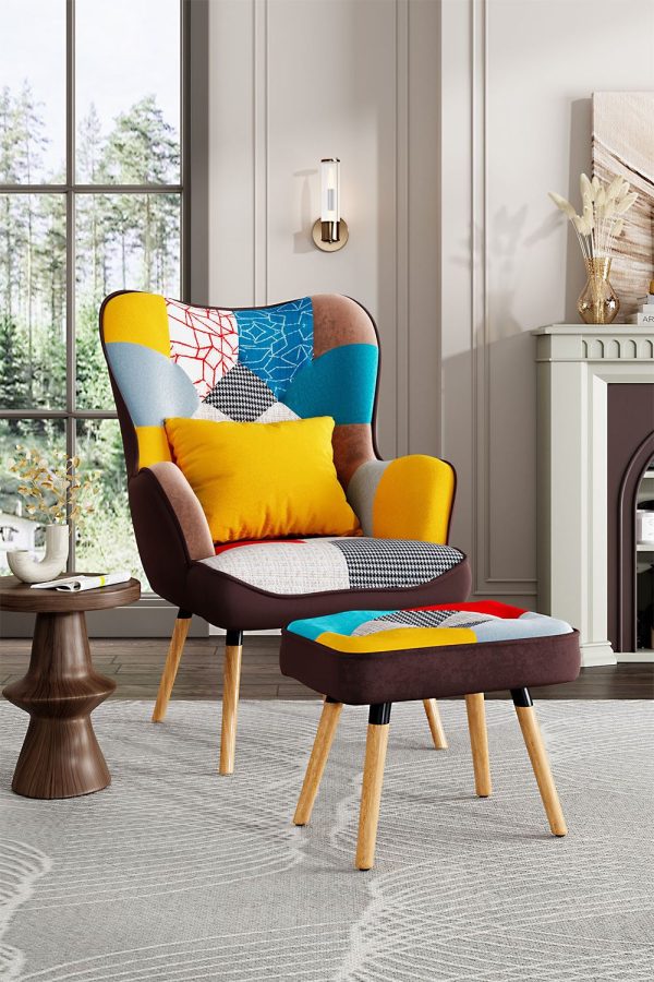 Patchwork Upholstered Wingback Armchair with Footrest and Cushion | Bed Sava
