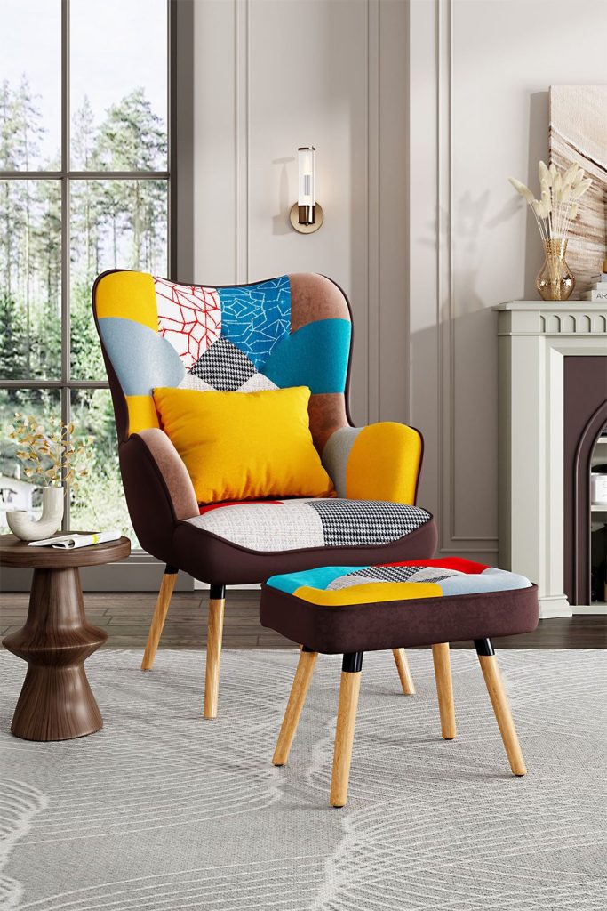 Patchwork Upholstered Wingback Armchair with Footrest and Cushion