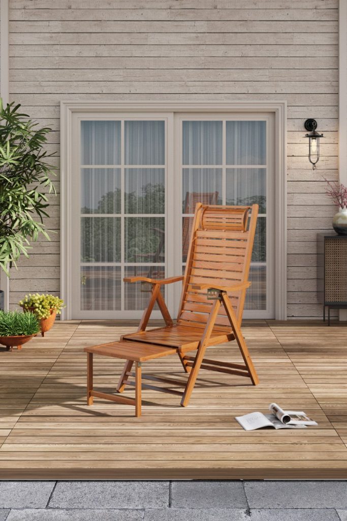Foldable Bamboo Lounge Chair Recliner with Retractable Footrest