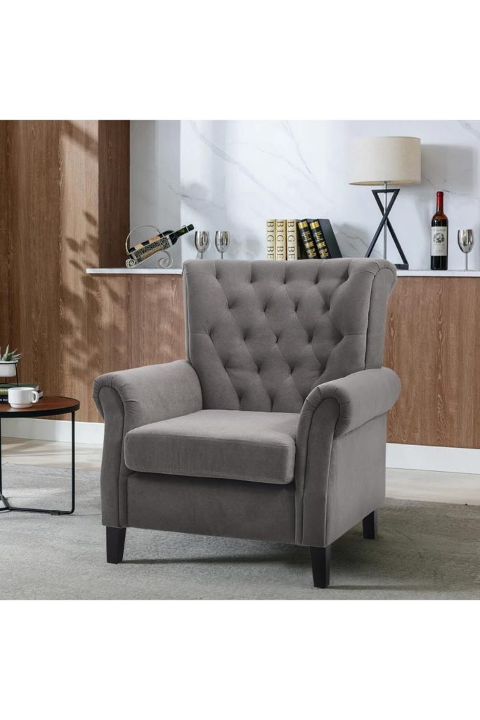 Grey Tufted Upholstered Wingback Armchair