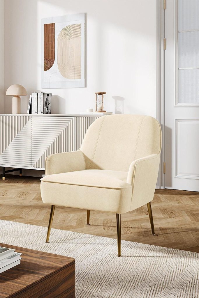 White Contemporary Upholstered Comfy Armchair with Gold-Plated Feet