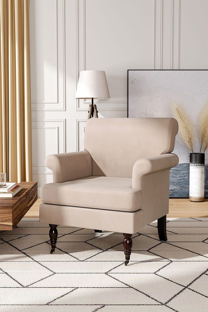 Beige Soft Velvet Armchair with Gourd Shaped Castor Legs