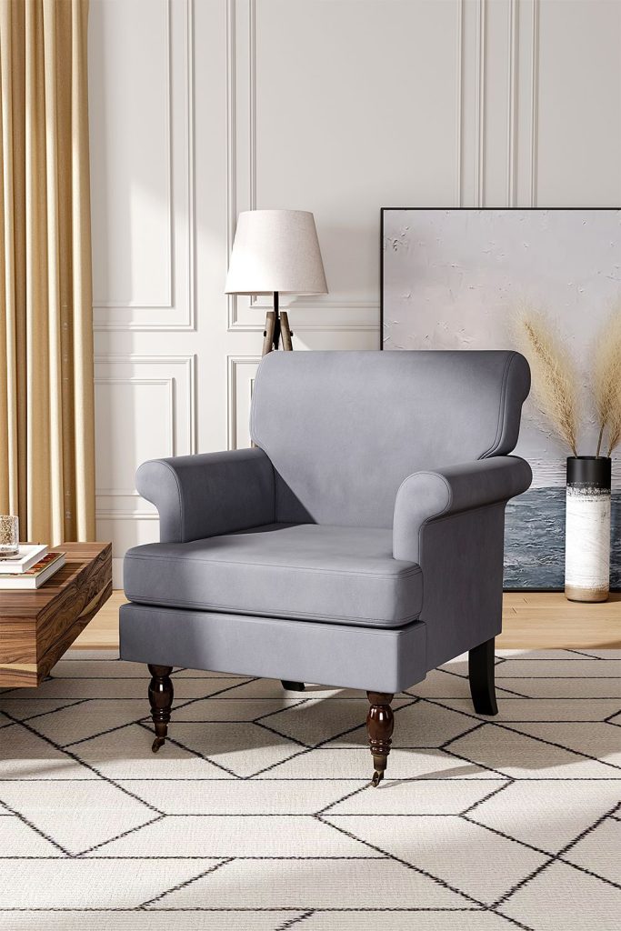 Grey Soft Velvet Armchair with Gourd Shaped Castor Legs