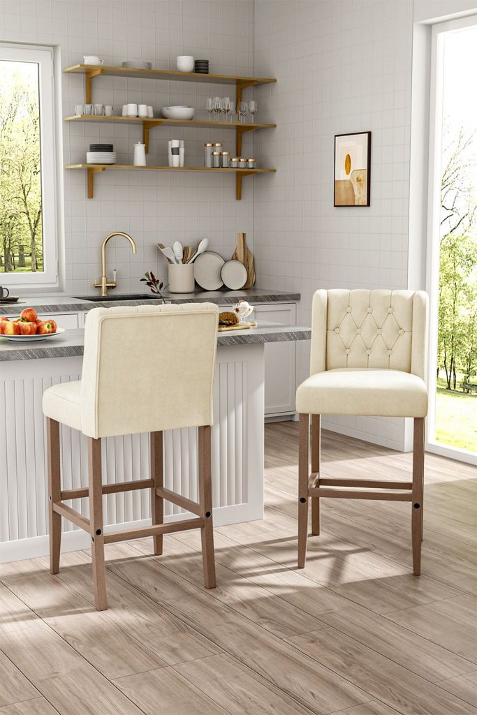 2pcs Linen Button Tufted Upholstered Bar Stools Dining Chair with Wood Legs Beige