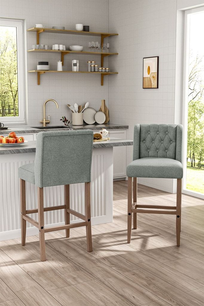 Set of 2 Bar Stools Linen Upholstered Button Tufted Dining Chair with Wood Legs