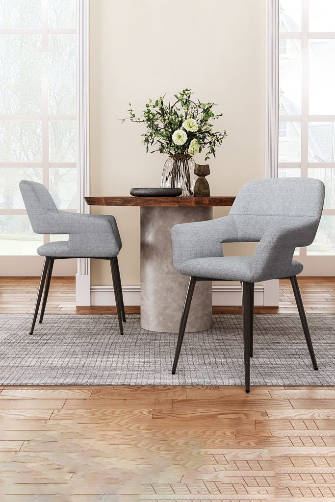 2Pcs Grey Linen Dining Chair with Metal Legs