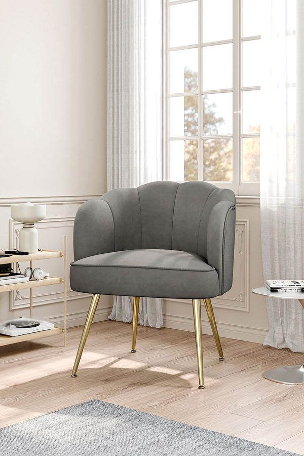 Grey Nubuck Fabric Petal Backrest Tub Armchair with Golden Metal Legs | Bed Sava