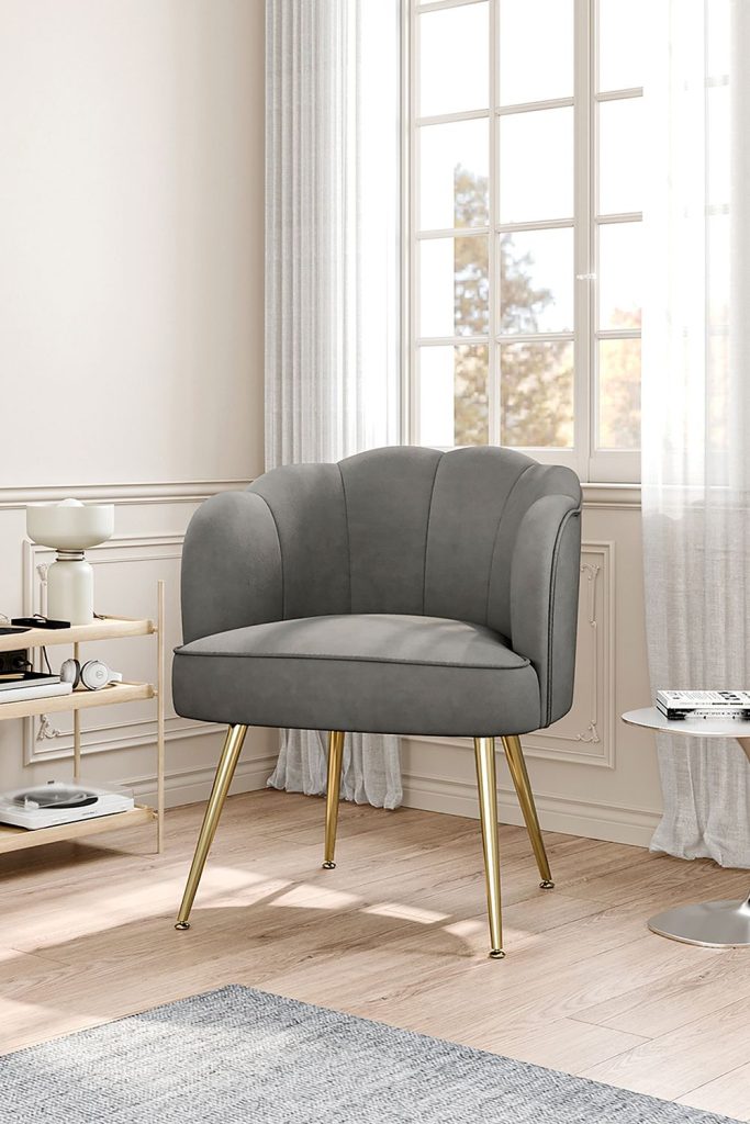 Grey Nubuck Fabric Petal Backrest Tub Armchair with Golden Metal Legs