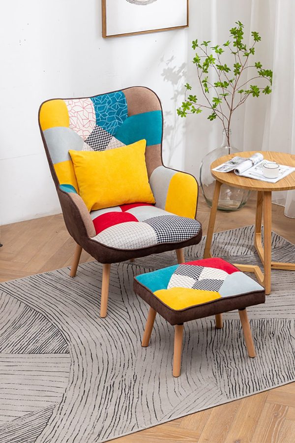 Colorful Multi pattern Patchwork Accent Chair Wingback Sofa with FootStool and Cushion | Bed Sava