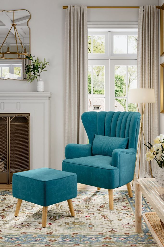 Blue Brushed Fabric Stripe Curved Backrest Armchair with Footstool  Cushion | Bed Sava