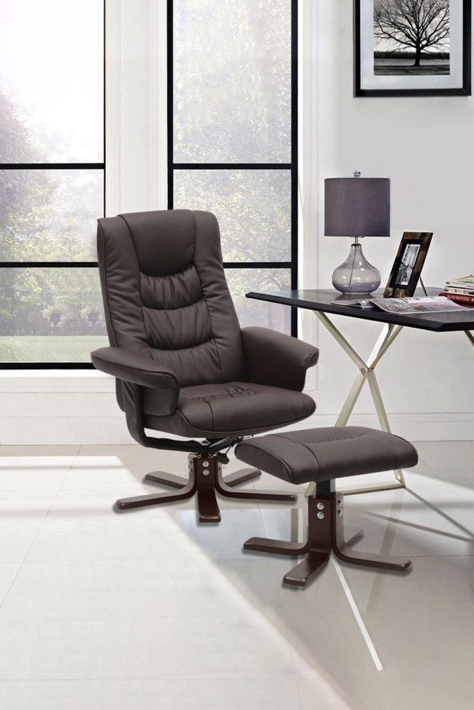 Brown PU Leather Adjustable Upholstered Swivel Recliner Chair with Footstool