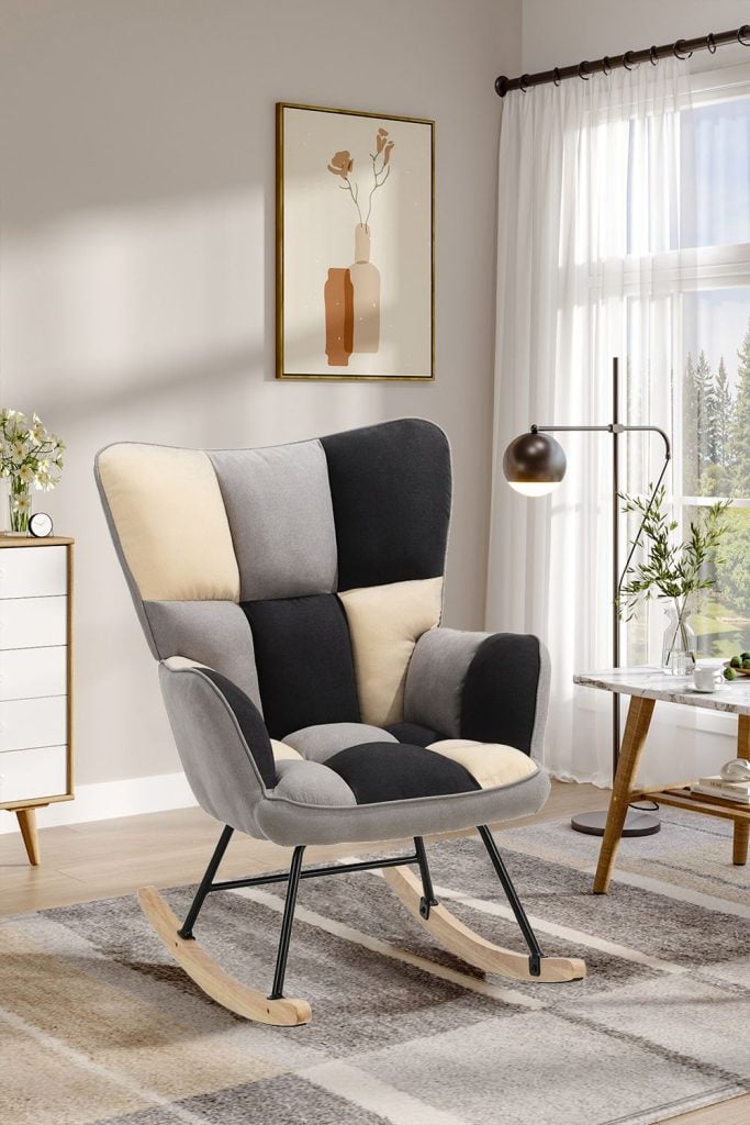Beige Grey Black Check Tufted Linen Patchwork Rocking Chair