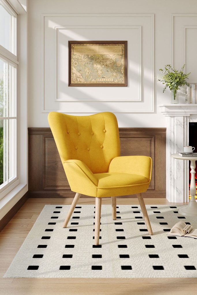 Buttoned Linen Armchair with Wooden Legs