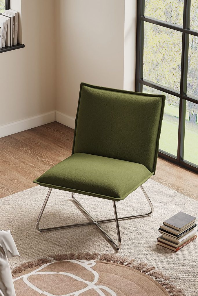 Minimalist Green Linen Accent Chair with Metal Base