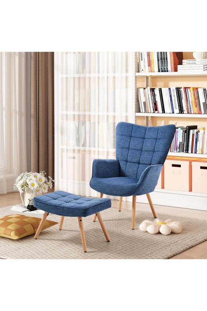 Dark Blue Linen Tufted Armchair with Footstool