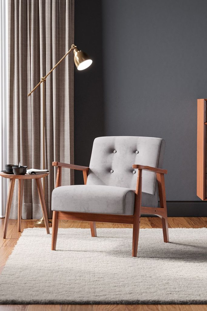 Solid Walnut-Color Wooden Frame Upholstered Tufted Armchair