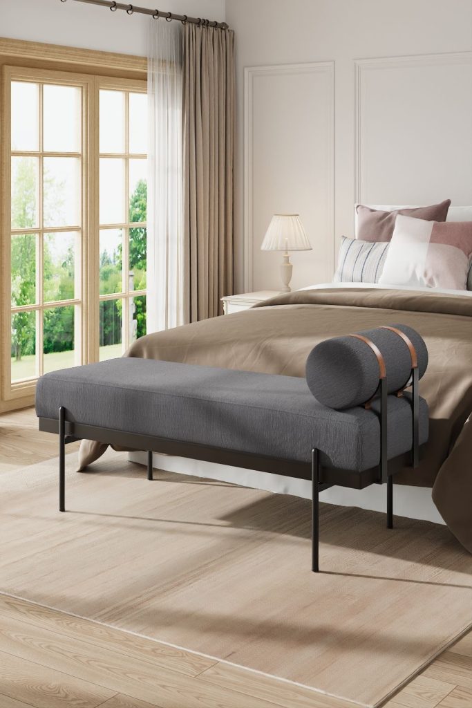 Dark Grey Upholstered Bench with a Removable Pillow
