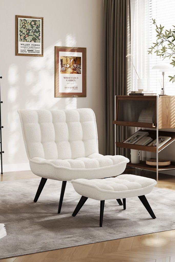 White Accent Chair Footstool Set Single Sofa Home Decor