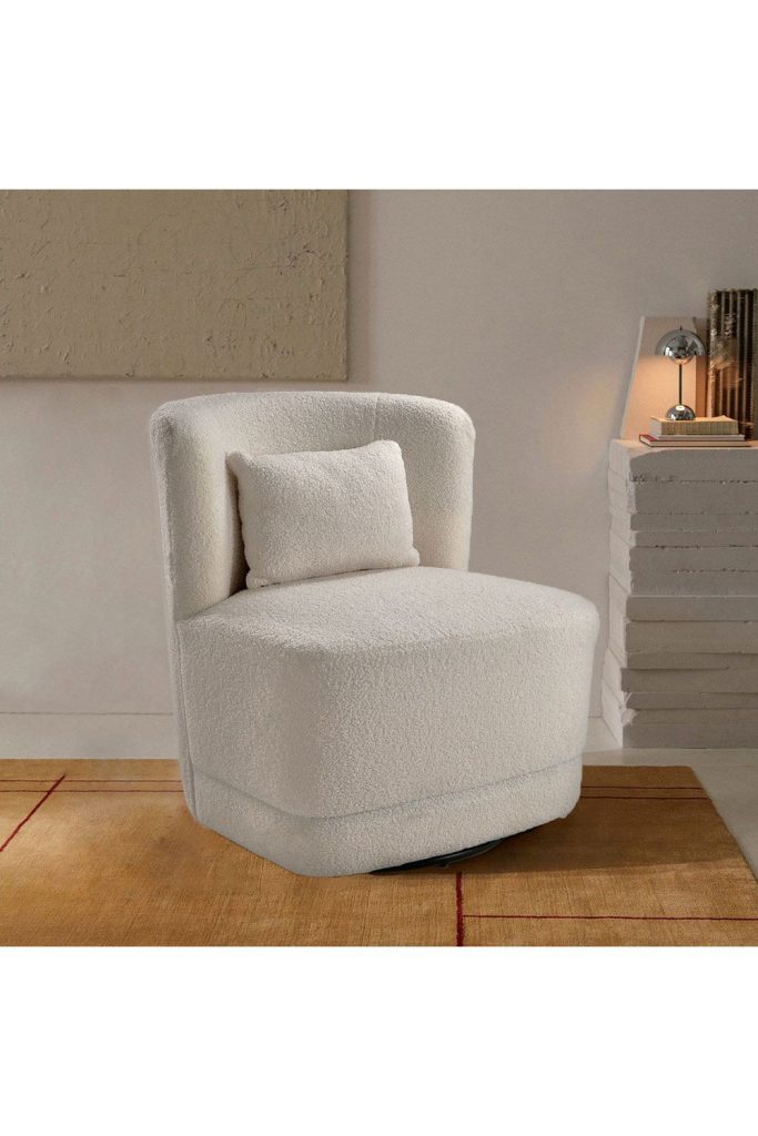 Teddy Bear Fur Upholstered Swivel Barrel Chair with Pillow