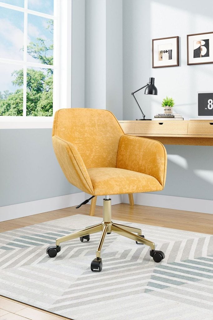 Yellow Velvet Home Office Swivel Chair with Gold Base