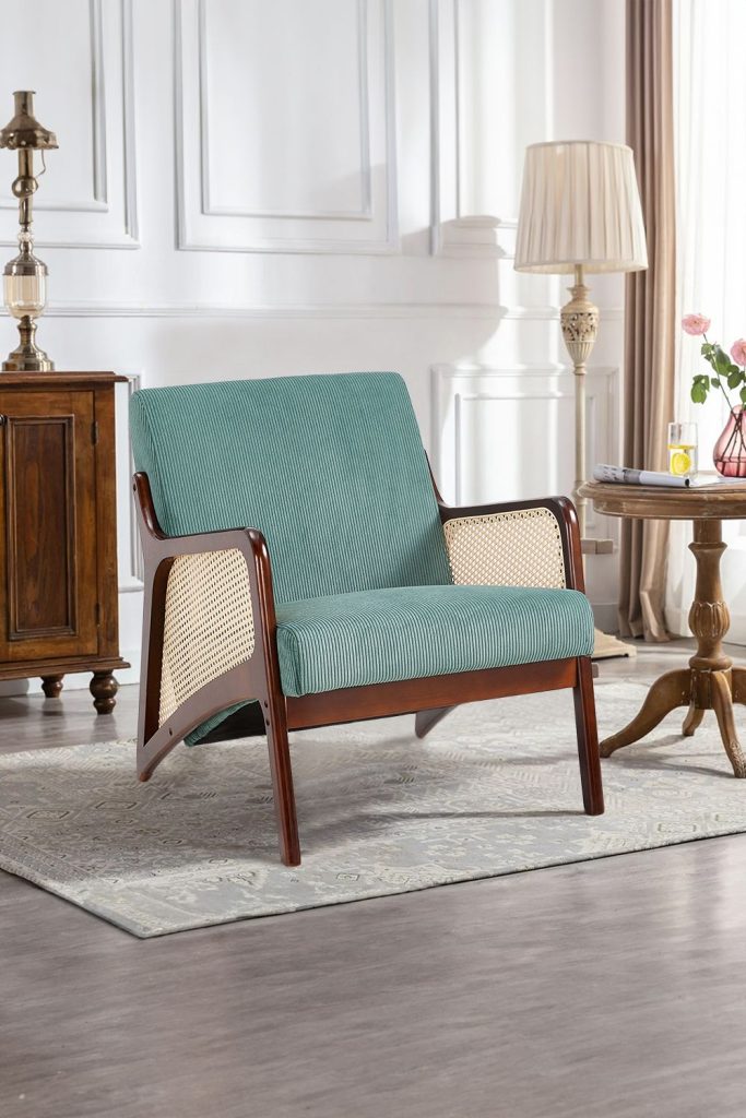 Green Corduroy Armchair with Rattan Armrest