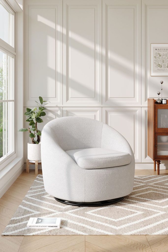 White Faux Fur Upholstered Swivel Barrel Chair