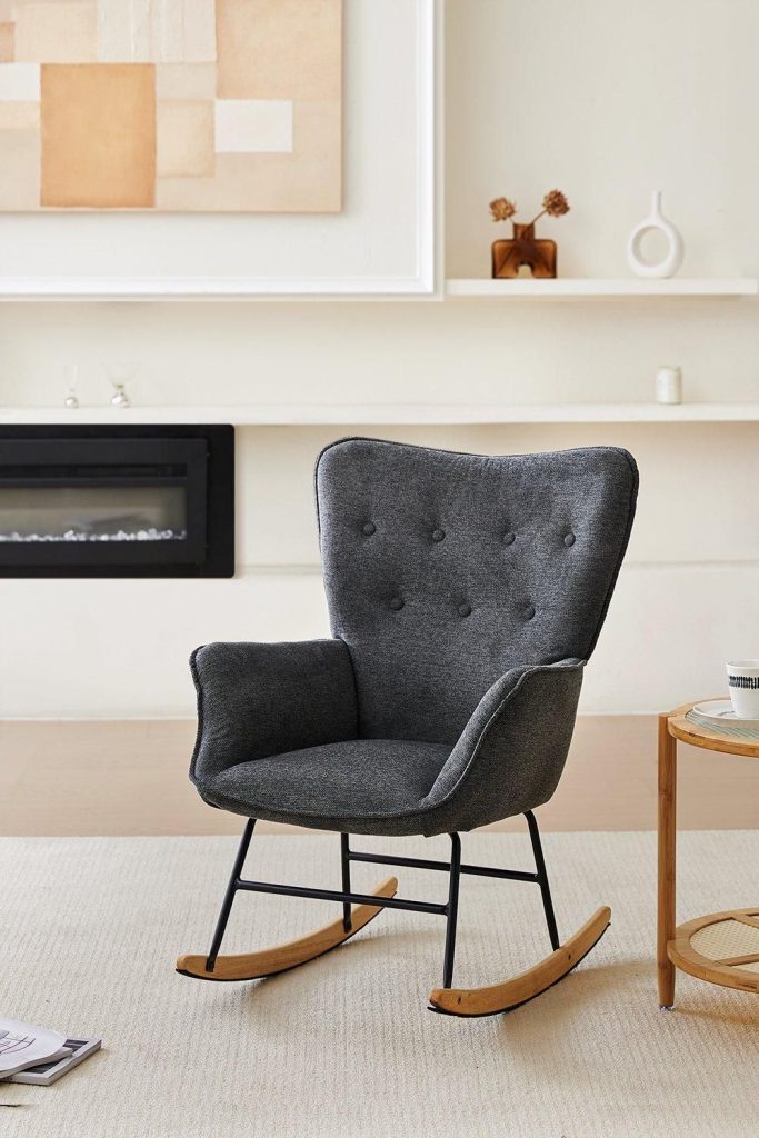 Grey Button Linen Upholstered Rocking Chair