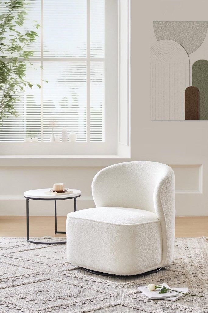 Sherpa Upholstered White Accent Swivel Chair