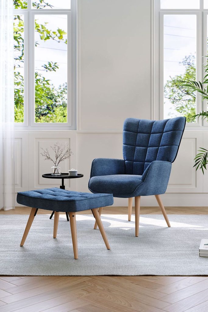 Dark Blue Tufted Armchair with Footstool