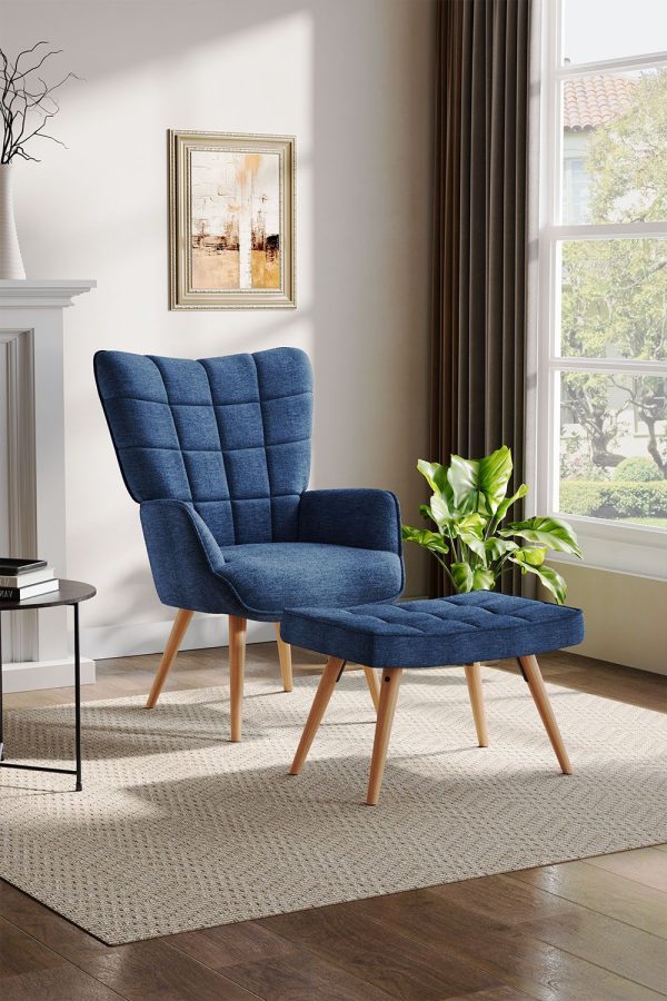 Dark Blue Linen Upholstered Armchair with Footstool | Bed Sava