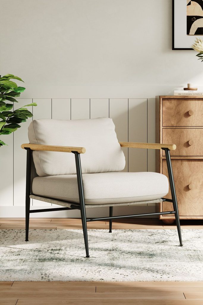 Linen Armchair with Metal Frame and Thick Cushion