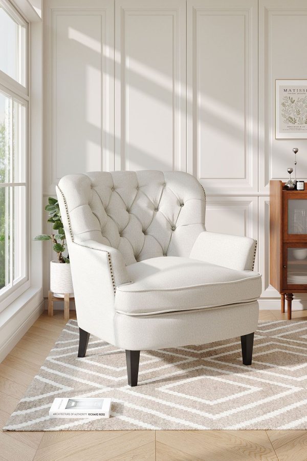 Classic Buttoned Back Linen Armchair with Wooden Legs | Bed Sava