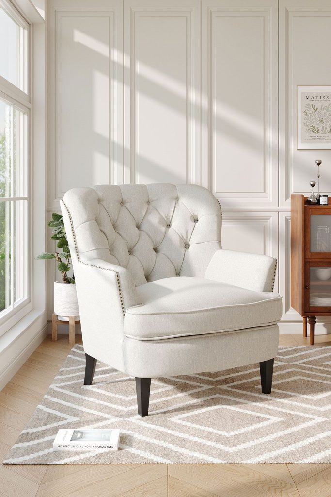 Classic Buttoned Back Linen Armchair with Wooden Legs