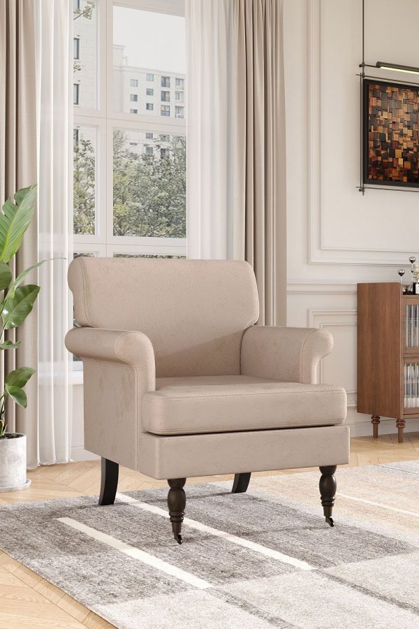 Contemporary Velvet Armchair with Wood Legs and Front Casters | Bed Sava