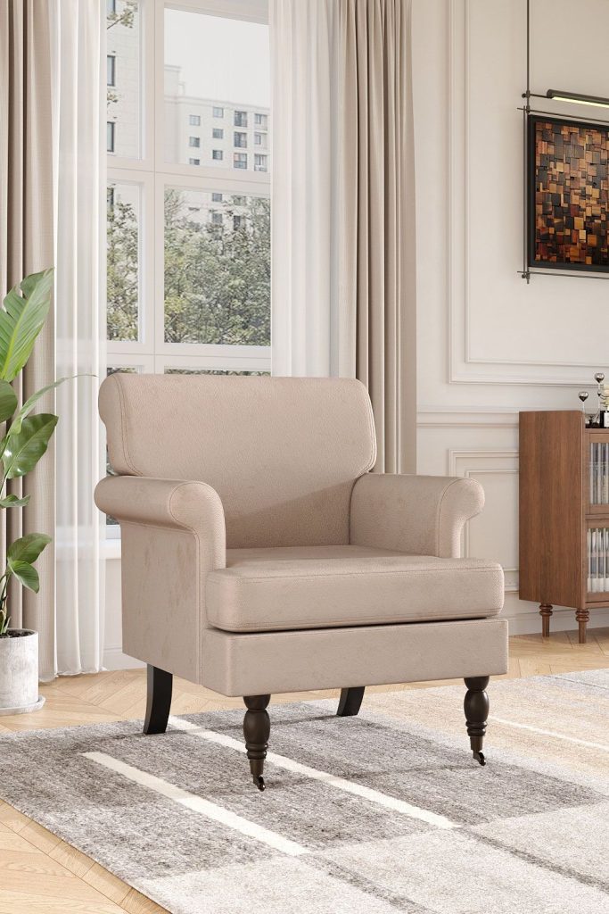 Contemporary Velvet Armchair with Wood Legs and Front Casters