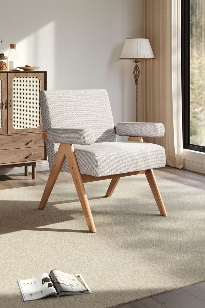 Beige Linen Upholsteried Wooden Armchair