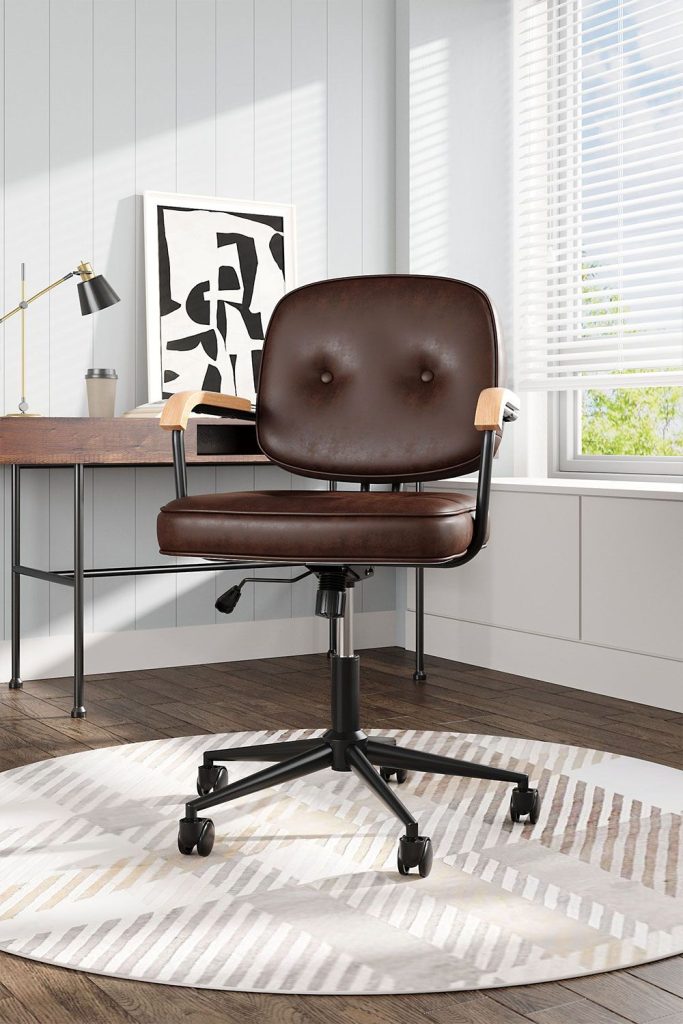Leather Upholstered Metal Frame Office Chair with Wood Armrests