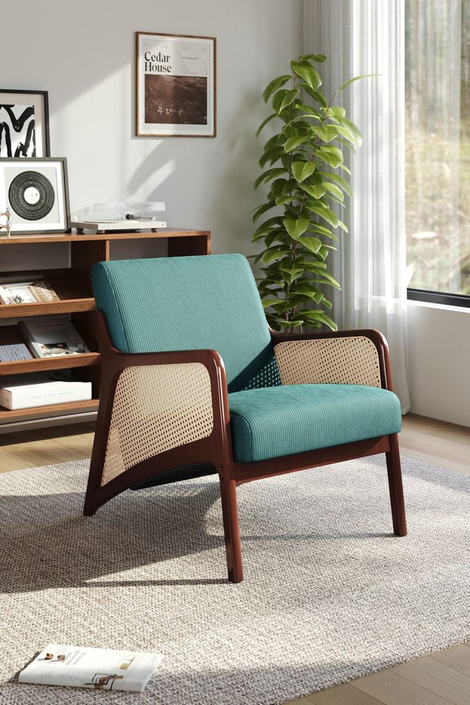 Green Backrest Corduroy Upholstered Armchair with Rattan Armrest