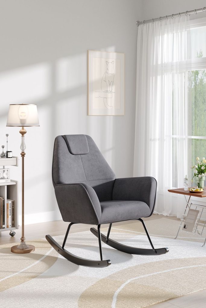 Comfy Upholstered Rocking Chair for Nursery with Black Legs
